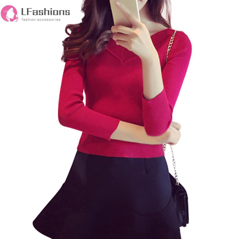 [Lfashions] Autumn Women Off Shoulder V-Neck Knit Tops Long Sleeve Pullover Sweaters | BigBuy360 - bigbuy360.vn