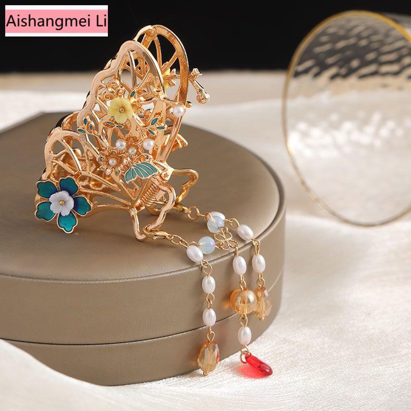 Kẹp Tóc Kim Loại Hình Bướm Phối Tua Rua Lưng Phong Cách Hanfu Cổ Điển Cho Nữ