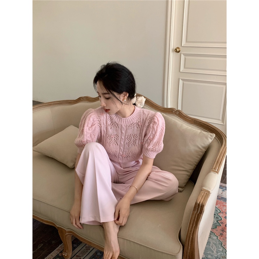 Porozi  Trang phục  áo thun dệt kim ngắn tay cổ tròn/ quần dài lưng cao thời trang nữ