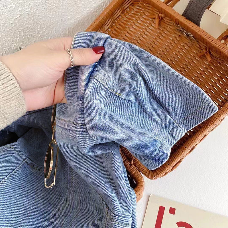 Đầm Denim Tay Phồng Phong Cách Hàn Quốc Thời Trang Mùa Hè Xinh Xắn Cho Bé Gái