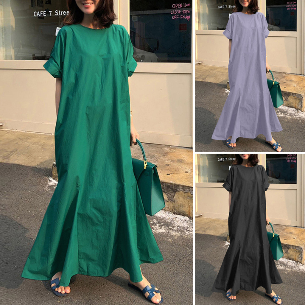 ZANZEA Đầm Maxi Dài Đuôi Cá Dự Tiệc Cocktail Cotton Màu Trơn Tay Ngắn Cho Nữ-168