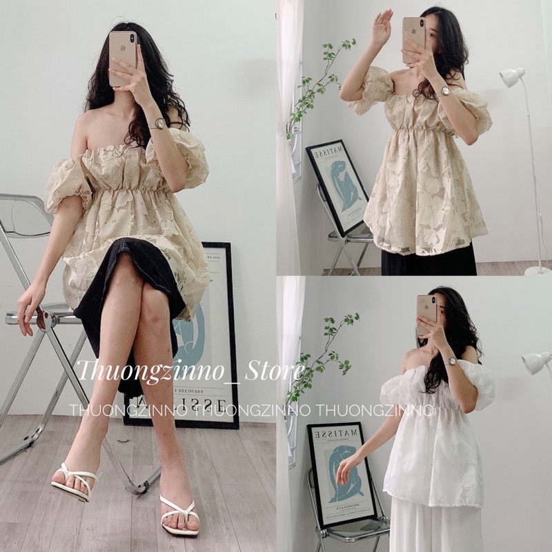 [Ảnh thật/Video]Áo Trễ Vai Laika In Hoa Dập Nổi Áo Ống Chiết Eo Hàng Quảng Châu Siêu Đẹp