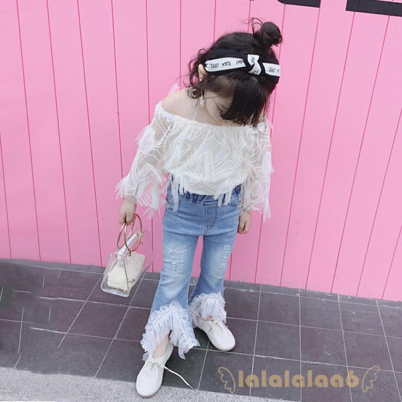 Set áo trễ vai + Quần jean phối ren xinh xắn cho bé gái