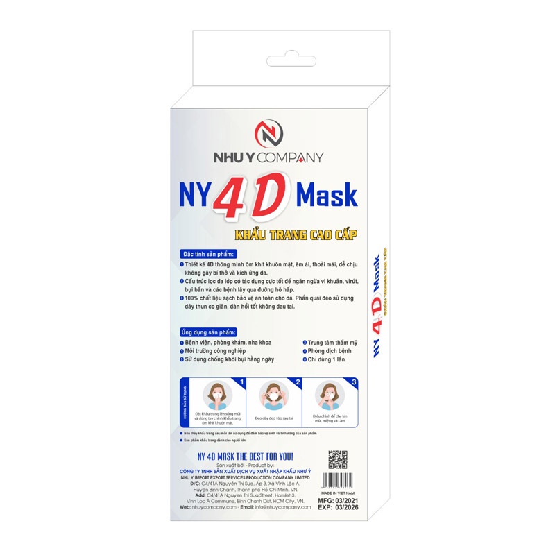 HỘP 10 CÁI KHẨU TRANG NY 4D Mask KF94 Ngăn Bụi Kháng khuẩn Chống nắng Bảo vệ sức khỏe Sản xuất từ Cty Như Ý