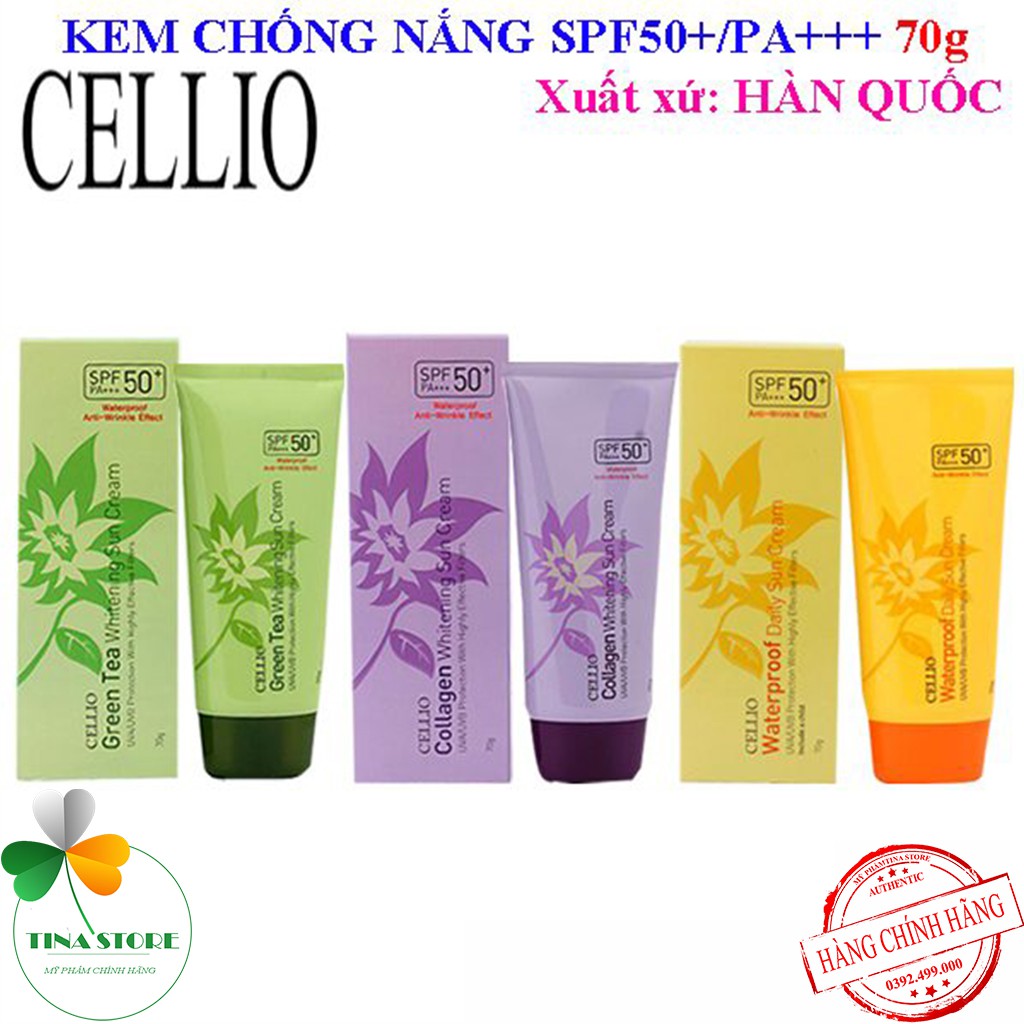 Kem Chống Nắng Hàn Quốc CELLIO SPF 50 PA+++ 70G .Chống tia UV, Chống Nước, Dưỡng Trắng Da, Dưỡng Ẩm | Hàng Chính Hãng