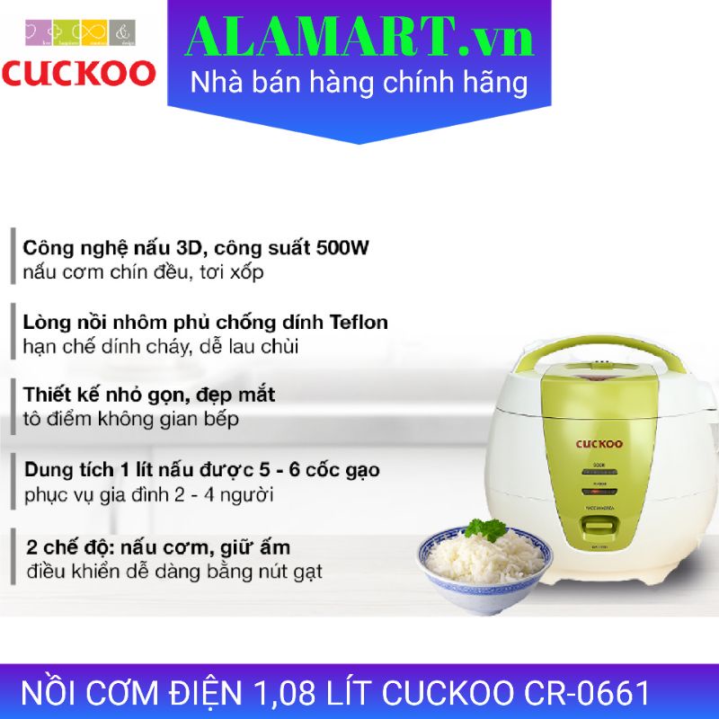 Nồi cơm điện Cuckoo 1.08 lít CR-0661 nhập khẩu Hàn Quốc dùng gia đình 2 - 4 người ăn 0.5kg gạo