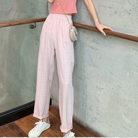 Women's elastic waist plaid casual pants