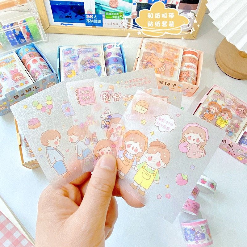 Hộp sticker kèm washi lớn nhiều màu sắc dễ thương