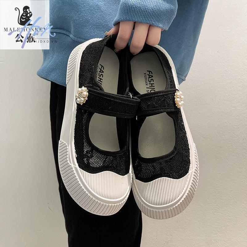Giày Canvas Mùa Hè 2022 Thoáng Khí Quai Dán Phối Ren Và Dây Quai Dán Phong Cách Mới Cho Nữ