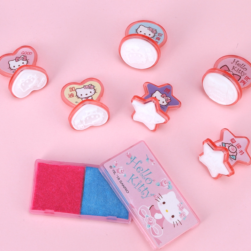 Bộ 7 con dấu hình hello kitty hoạt hình dễ thương trang trí sổ tay với hộp mực