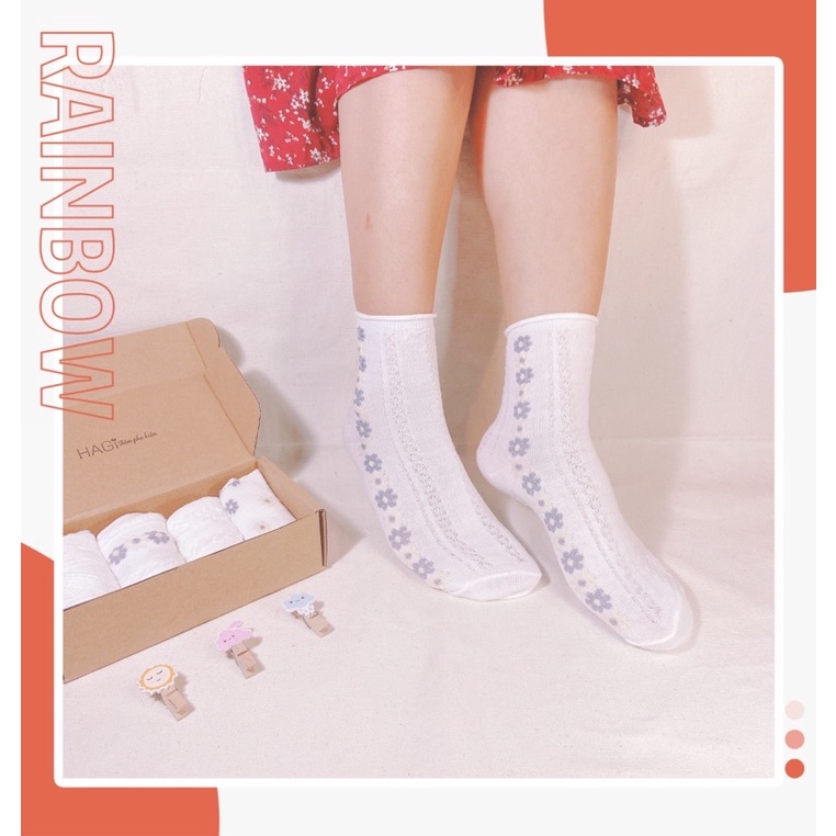 Set 4 Đôi Tất nữ Vintage Trắng Phối Ren Hoạ Tiết Hoa Mùa Xuân Dễ Thương Phong cách Hàn quốc Học sinh Sinh Viên