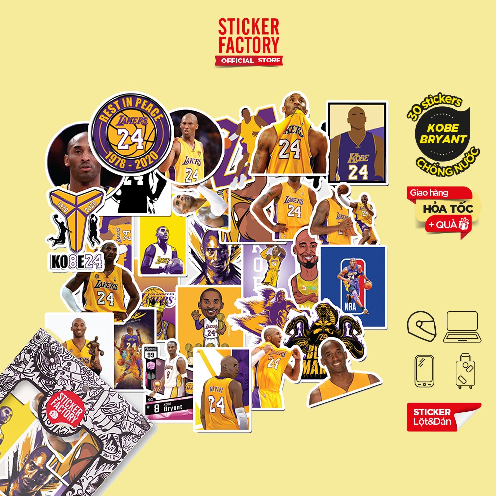 Hộp set 30 sticker decal hình dán nón bảo hiểm , laptop, xe máy, ô tô STICKER FACTORY - Kobe Bryant