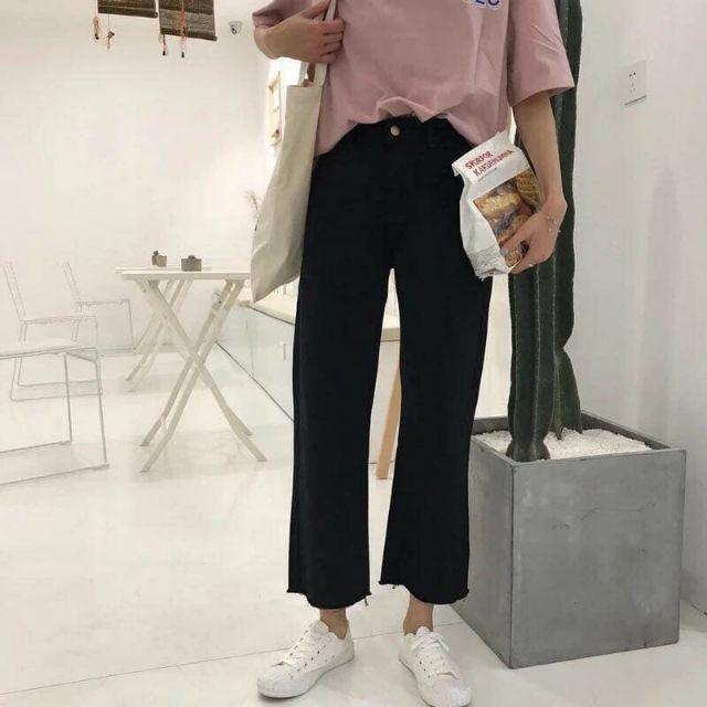 Lenkapas - Quần Ulzzang Kaki Jeans ống rộng lưng cao - hình thật trải sàn