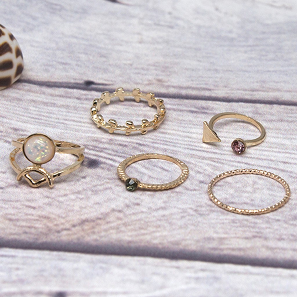 Bộ 5 Nhẫn Midi Hình Chiếc Lá Đính Đá Opal Cho Phái Nữ