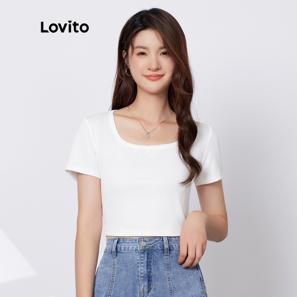 Áo Lovito gợi cảm thường ngày cổ vuông tay ngắn dệt kim sọc gân L29AD065 (màu trắng)