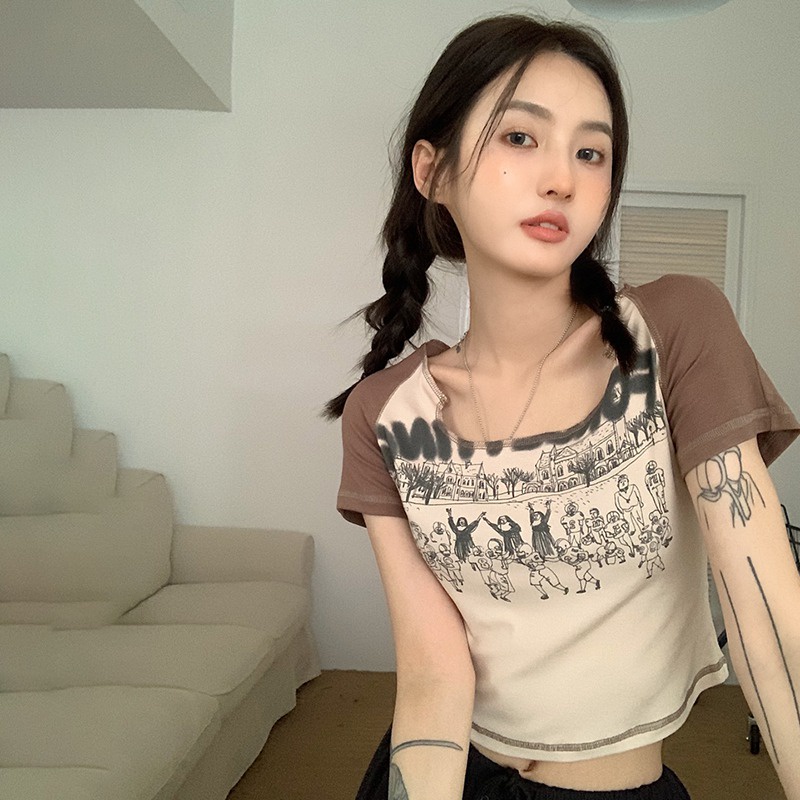 Áo Thun Tay Ngắn Cổ Chữ U Dáng Ôm Vải Cotton In Họa Tiết Thời Trang Hàn Quốc Xinh Xắn