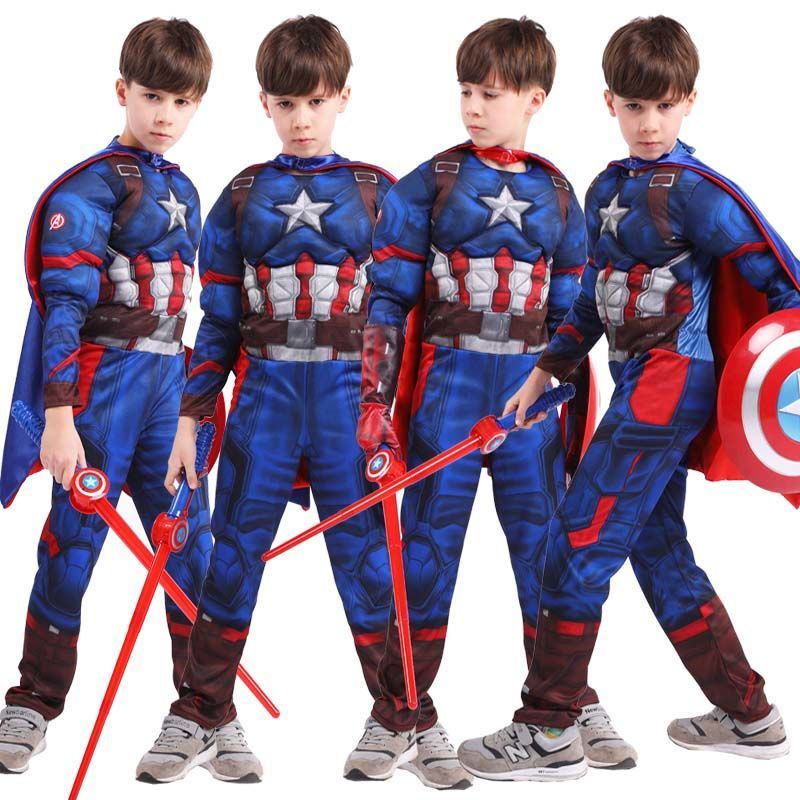 ☈Captain America Trẻ em một mảnh Quần áo Disney COS Trang phục dành cho nam và nữ Prom Bộ đồ biểu diễn chặt chẽ