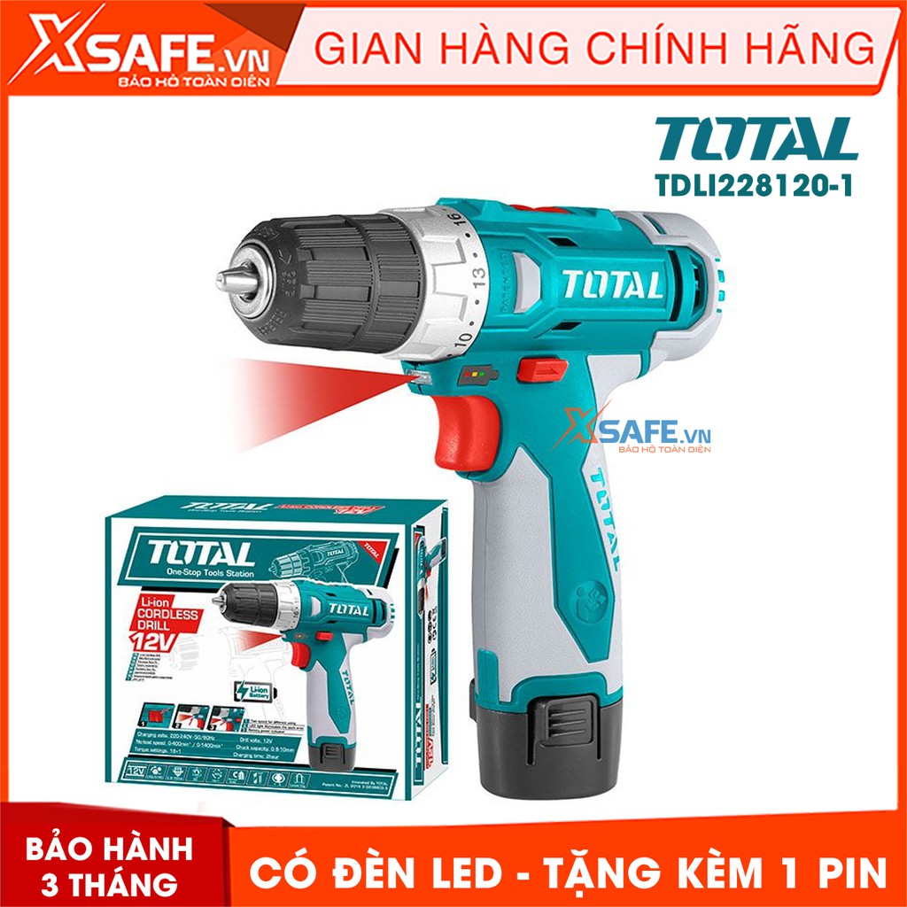 Máy Khoan pin Li-ion 12V TOTAL TDLI228120 Tặng kèm 3 món 1 pin 2 mũi khoan. Máy khoan dùng pin cầm tay điện thế 12V