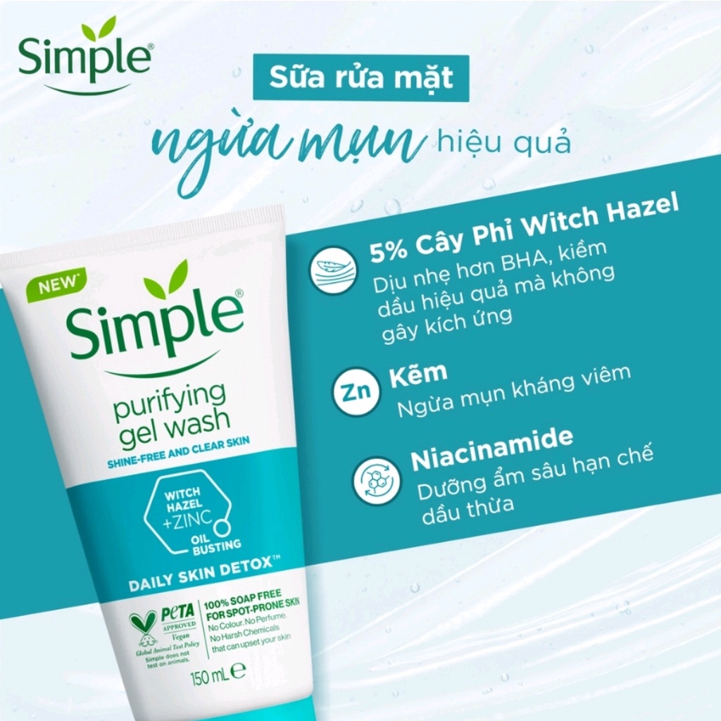 Sữa Rửa Mặt Simple Kiềm Dầu, Ngừa Mụn Cho Da Mụn 150ml  - Sản phẩm chính hãng