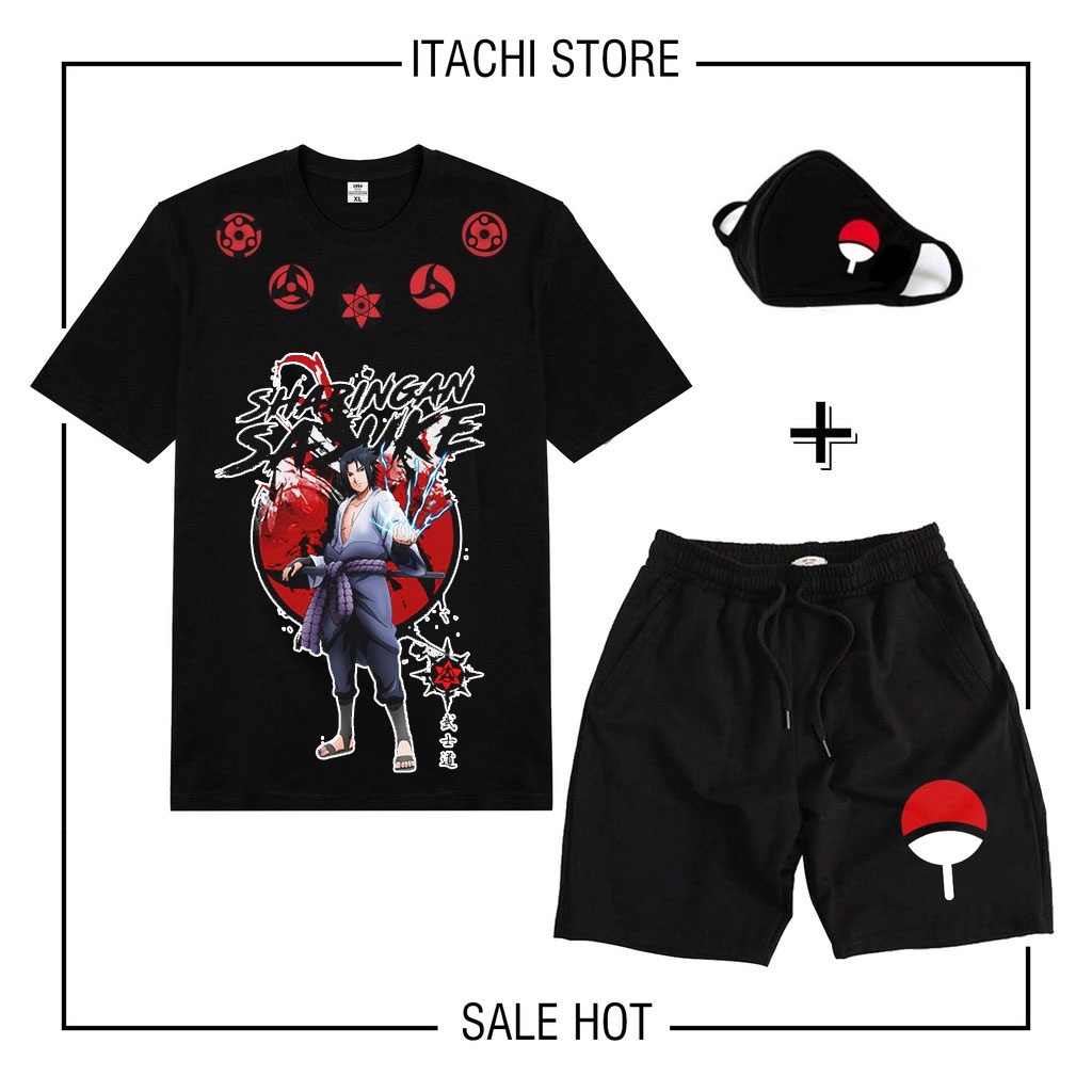 SALE 50% BST Combo Áo thun Sasuke NAruto Itachi + quấn Short + KT Uchiha HOT đẹp