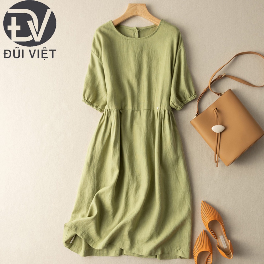 Đầm linen nữ dáng suông tay bo chun màu xanh cốm trẻ trung DV188