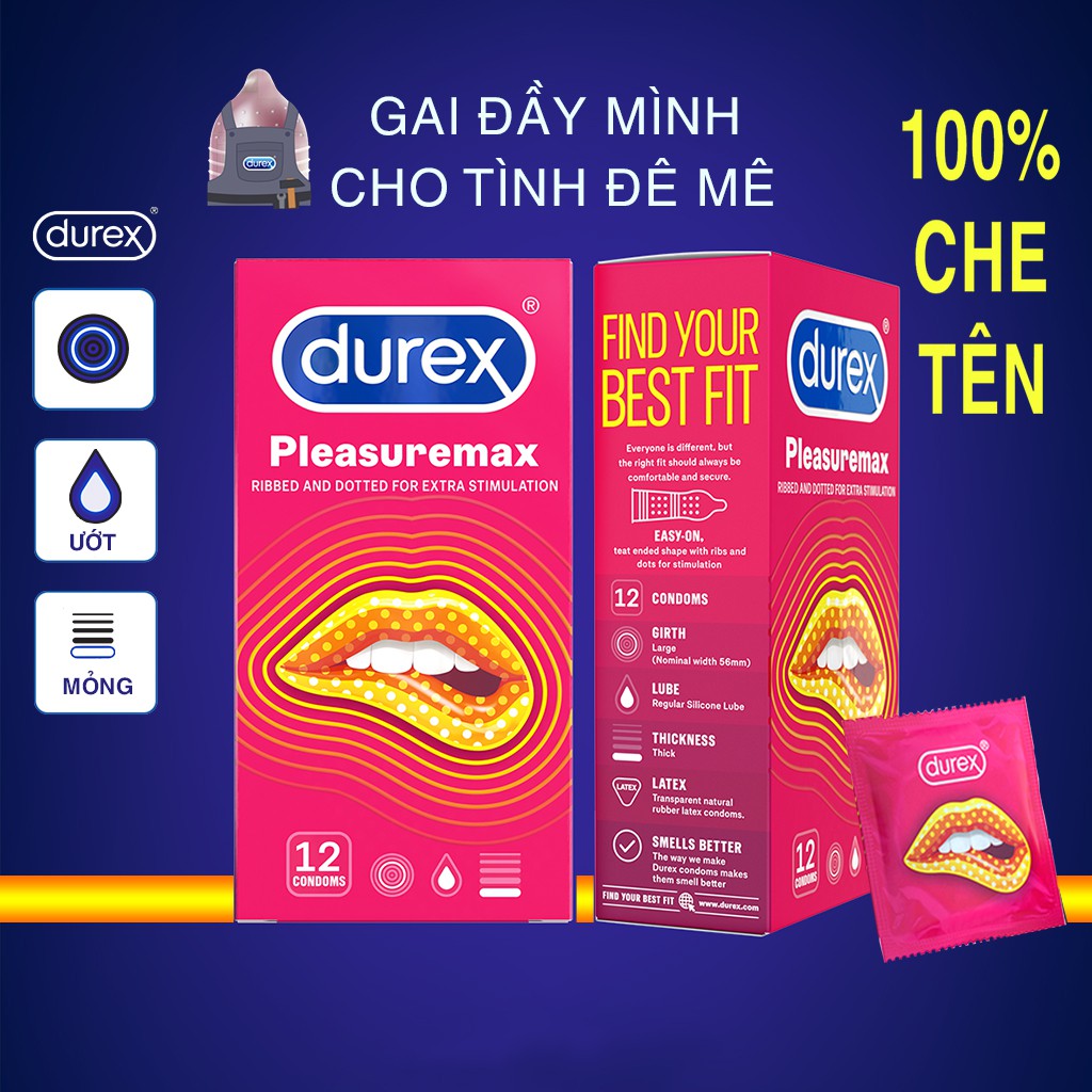 Bao cao su DUREX PLEASUREMAX 12 bao, gân gai li ti trải đều thân bao, tăng cảm giác kéo hưng phấn.