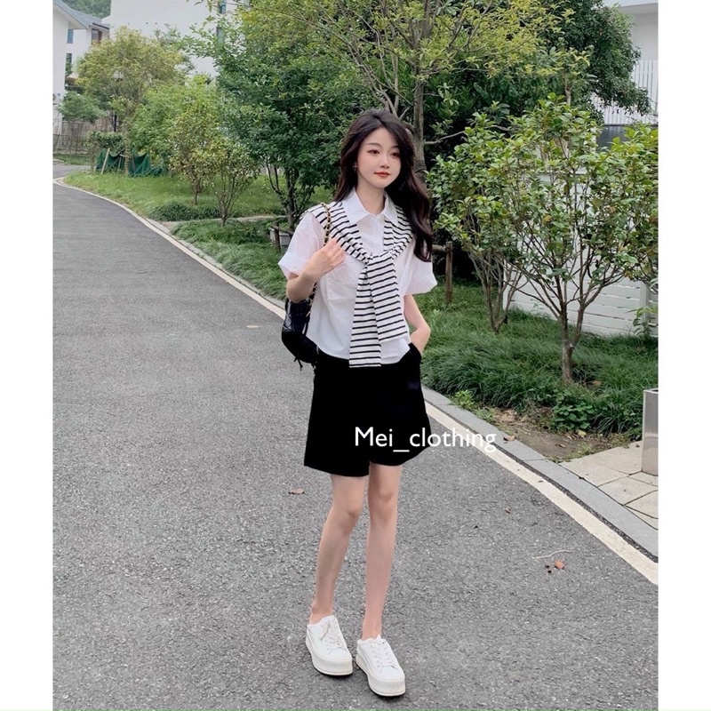 Set 3 món sơmi quần short kèm choàng cổ kẻ sọc, set đồ nữ