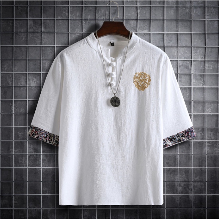 Áo Thun Cotton Lanh Thêu Hình Chim Hạc Độc Đáo Phong Cách Trung Hoa Cho Nam
