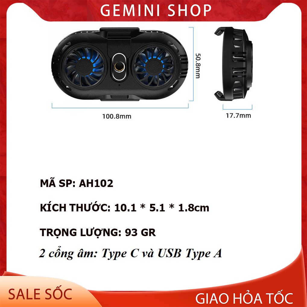 Quạt tản nhiệt điện thoại 2 quạt sò nóng lạnh memo AH102 Gaming giá rẻ GEMINI SHOP