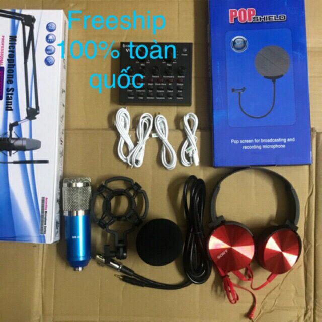 Com bo trọn bộ thu âm suncard+mic BM800 tặng tai nghe màng loc âm tai kiểm âm kẹp míc