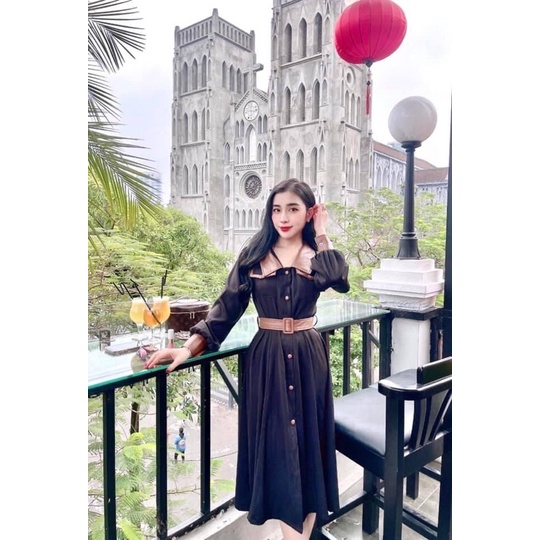 Đầm Nhung Tăm Xanh Coban Phối Da Tay Dài