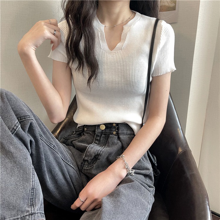 Áo dệt kim ZHELIHANGFEI ngắn tay cổ chữ V ôm dáng xinh xắn thời trang
