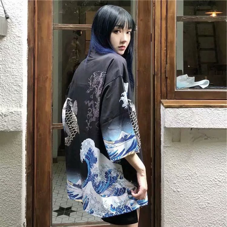 Áo Sơ Mi Đi Biển 7 Tấc Bằng cotton Dáng Rộng Thoáng Khí In Họa Tiết Sóng Biển Thời Trang Nhật Bản Cho Nam Và Nữ