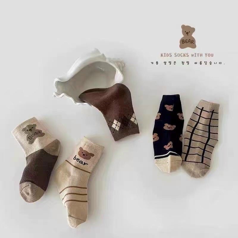 Set 5 Đôi Vớ Sọc Ca Rô / Hình Gấu Nâu Hoạt Hình Cho Bé Từ 1-12 Tuổi