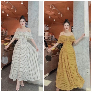 Đầm chấm bi hai dây dáng maxi