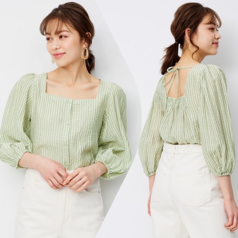Áo sơ mi nữ kẻ caro cổ chữ U, tay lỡ xinh xắn, thanh lịch của Gu - Nhật