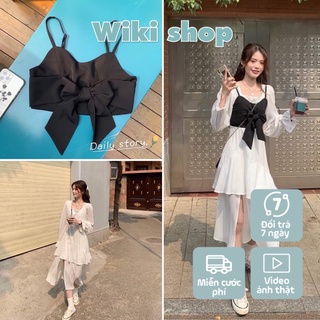 Set váy tầng trắng mix áo yếm hai dây ullzang - Set váy ullzang 2 lớp voan thô mát mix áo yếm đen bắt trend C259