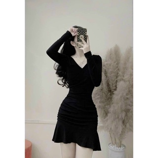 Đầm body đuôi cá cổ tim màu đen chất thun gân co giãn tốt mặc đẹp tôn dáng
