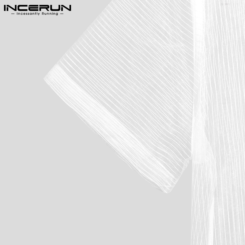 Áo sơ mi INCERUN tay ngắn họa tiết kẻ sọc thời trang cho nam