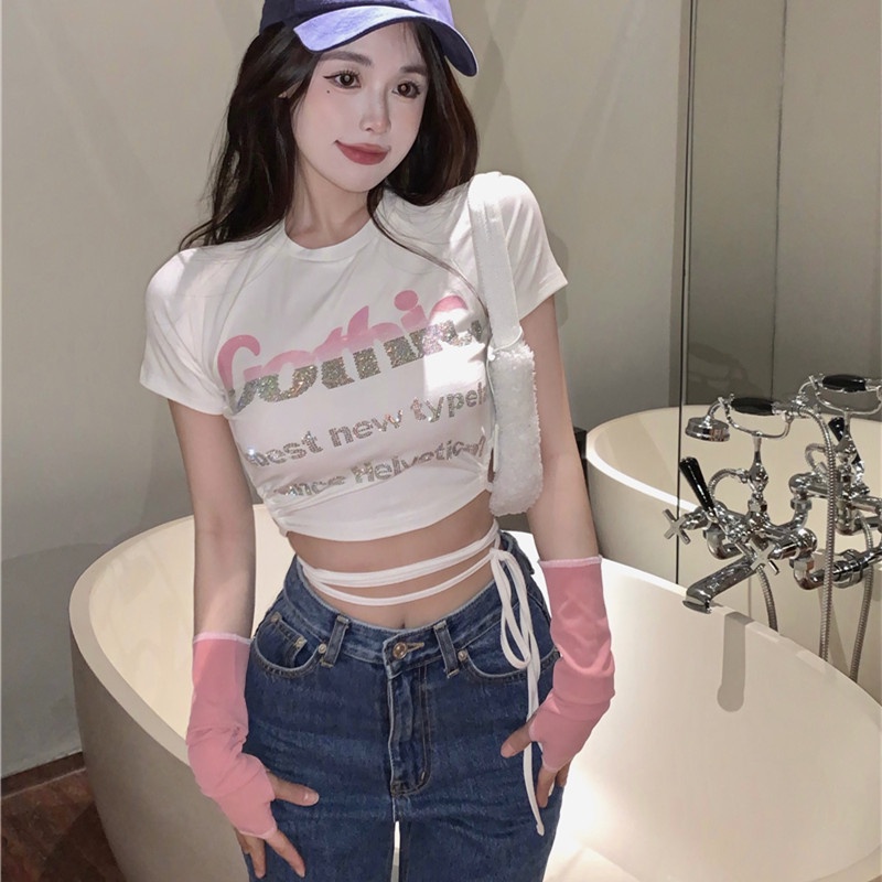 Áo Thun Tay Ngắn Thiết Kế Đan Dây Quyến Rũ Cho Nữ