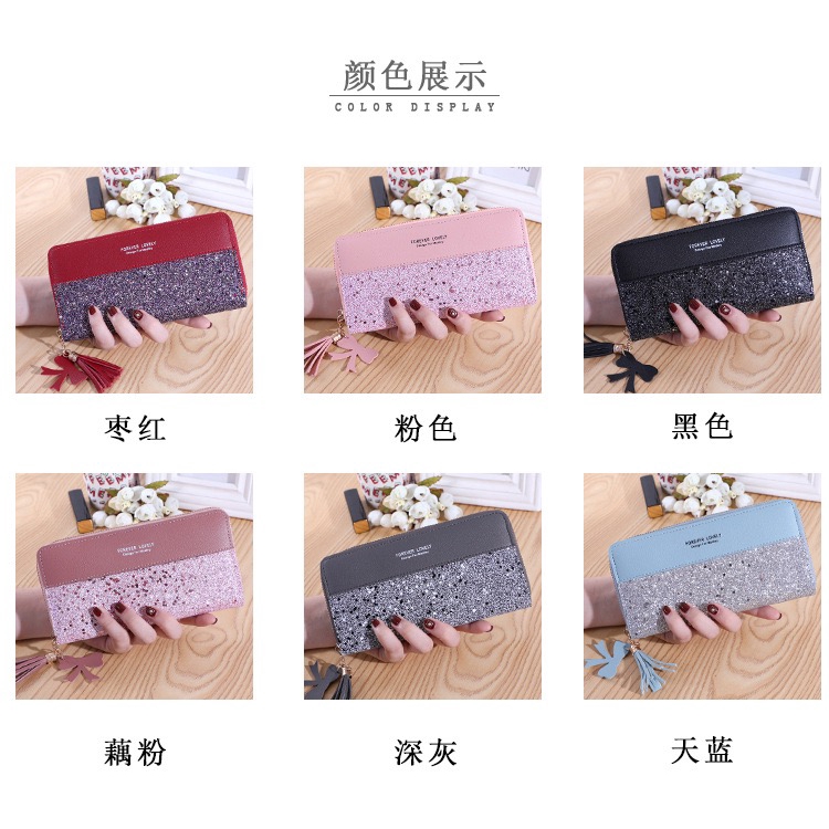 Ví Cầm Tay Dáng Dài Đính Kim Sa Phối Màu Tương Phản Có Khóa Kéo Và Ngăn Đựng Thẻ Tiện Dụng