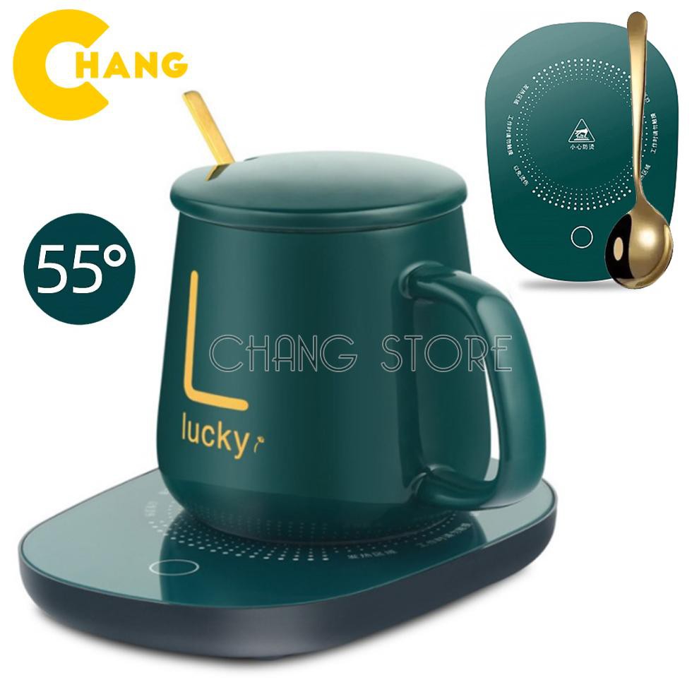 Cốc Hâm Nóng Cao Cấp Bằng Sứ Kèm Đế Điện, Ly Hâm Nóng Cafe, Sữa, Trà + Tặng kèm thìa mạ vàng