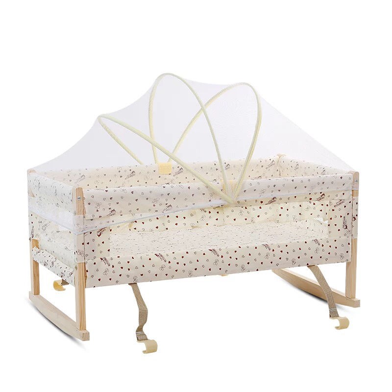 giường trẻ em bằng gỗ nguyên tấm không sơn Nôi nhỏ ngủ sơ sinh B & có màn chống muỗi