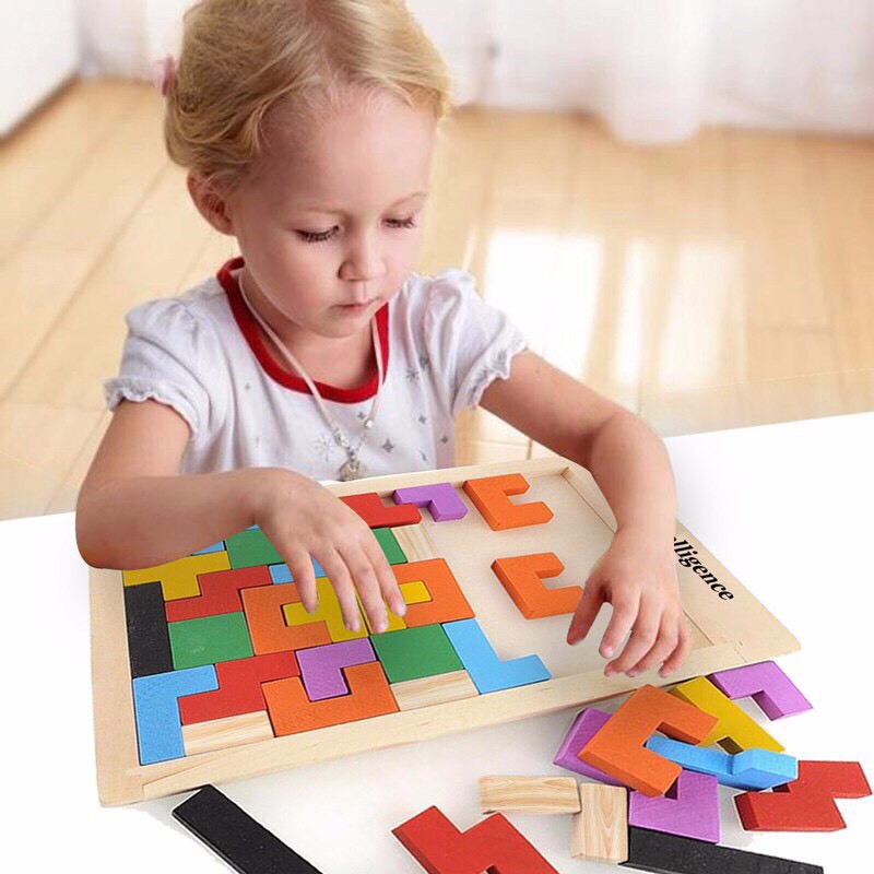 Đồ chơi xếp hình Tangram cho bé bằng gỗ trí tuệ, bộ đồ chơi lắp ghép nhiều màu với hơn 40 chi tiết. Kích thước: 27x18cm