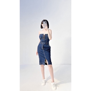 Đầm ống jean thắt dây xẻ tà