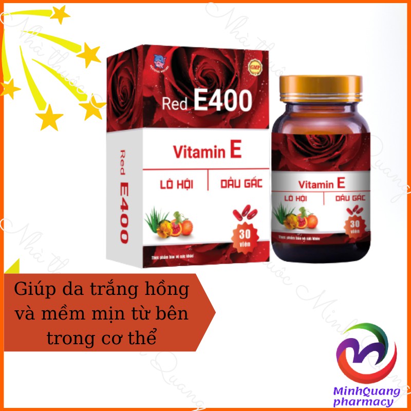 RED E 400 - VITAMIN E 400. Kết hợp lô hội, dầu gấc, tinh dầu hoa anh thảo. Vitamin E đỏ. Hộp 30 viên