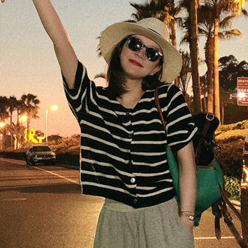 Áo Dệt Kim Tay Ngắn Kẻ Sọc Thời Trang 153201 Áo Khoác Cardigan Form Rộng Kiểu Dáng Đơn Giản Theo Phong Cách Retro Dễ Phối Đồ