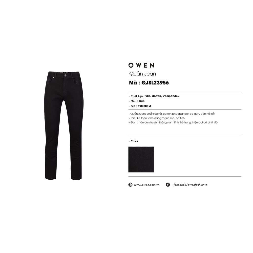 Quần Jean Nam Quần Bò Hàng Hiệu Cao Cấp Owen QJSL23956 Ống Côn Slim Fit Màu Đen Trơn Chất Liệu Cotton Spandex Đàn Hồi
