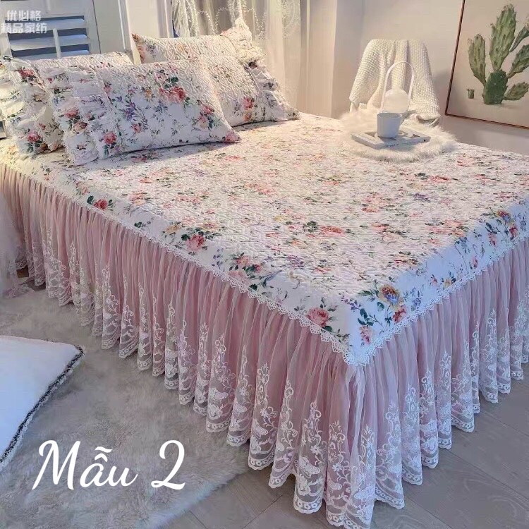 Set ga gối phủ chân giường chần bông hoạ tiết hoa nhí, bộ ga gối Hàn Quốc MỊN KIDS