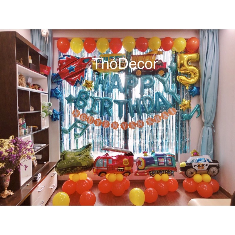 Combo Bóng Sinh Nhật Cho Bé Trai   TẶNG QUÀ Trang Trí Sinh Nhật Happy Birthday Chủ Đề Ô Tô [Kèm Bơm Băng Dính]